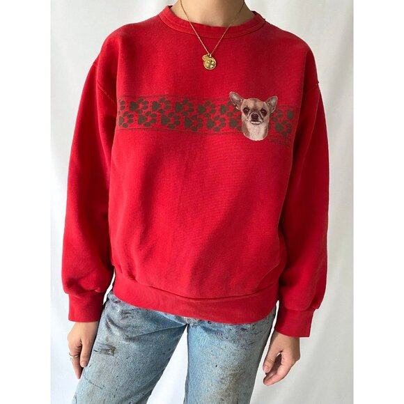 90s vintage red dog puppy chihuahua graphic boxy cozy crewneck pullover sweater - Picture 2 of 9